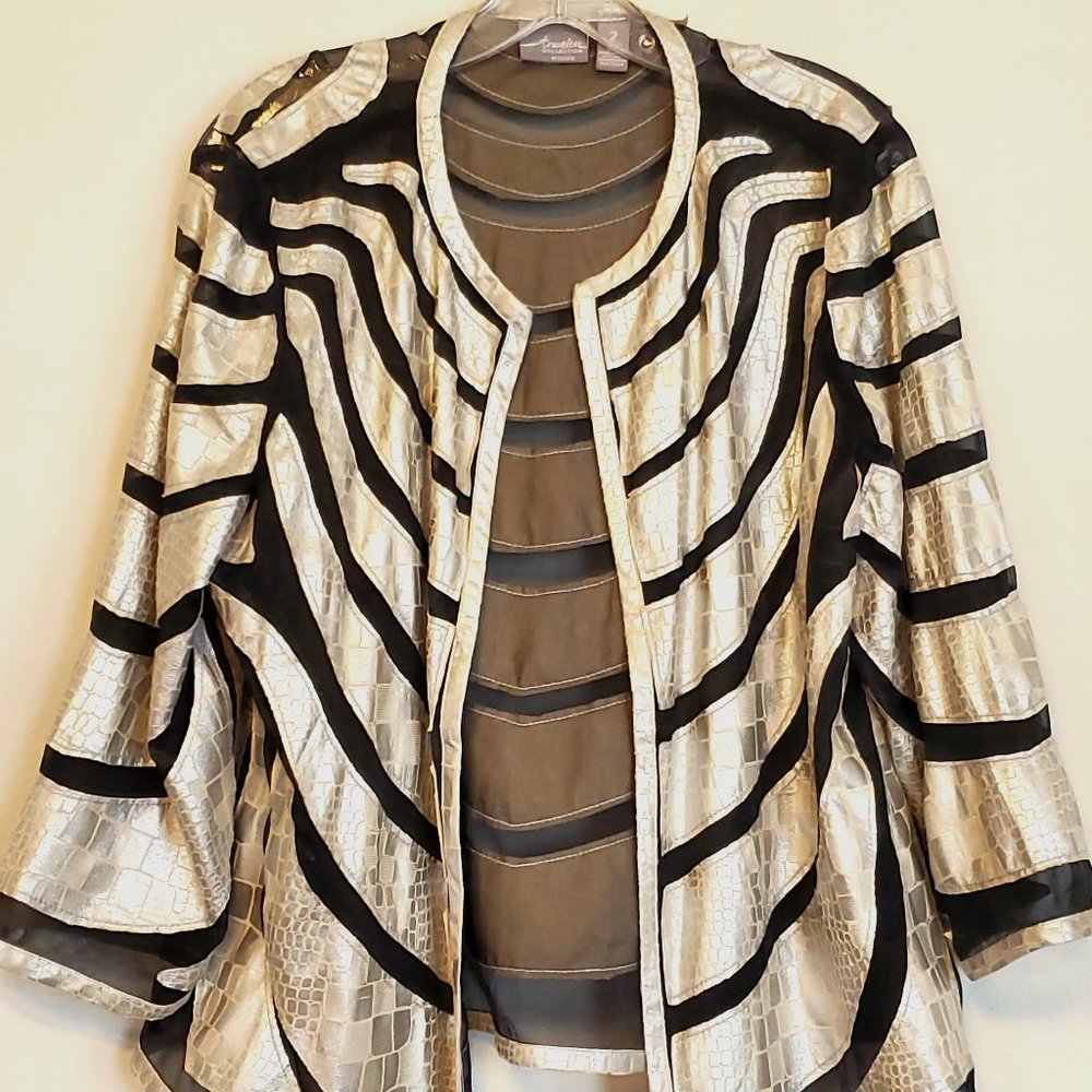 Chico's Travelers Collection Black/Silver Striped Jacket Size 2